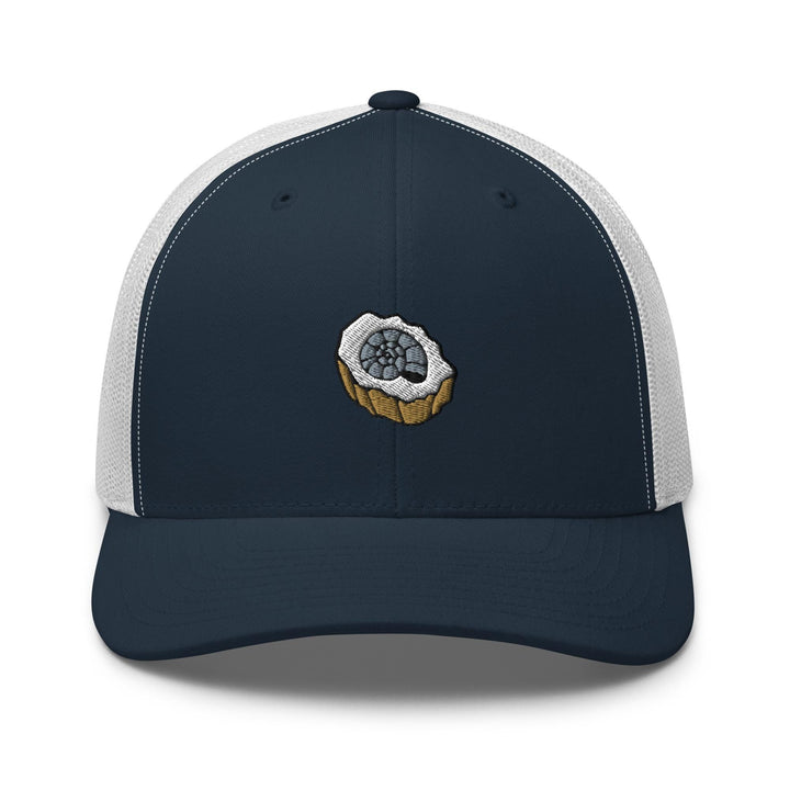 a blue and white trucker hat with an image of a muffin