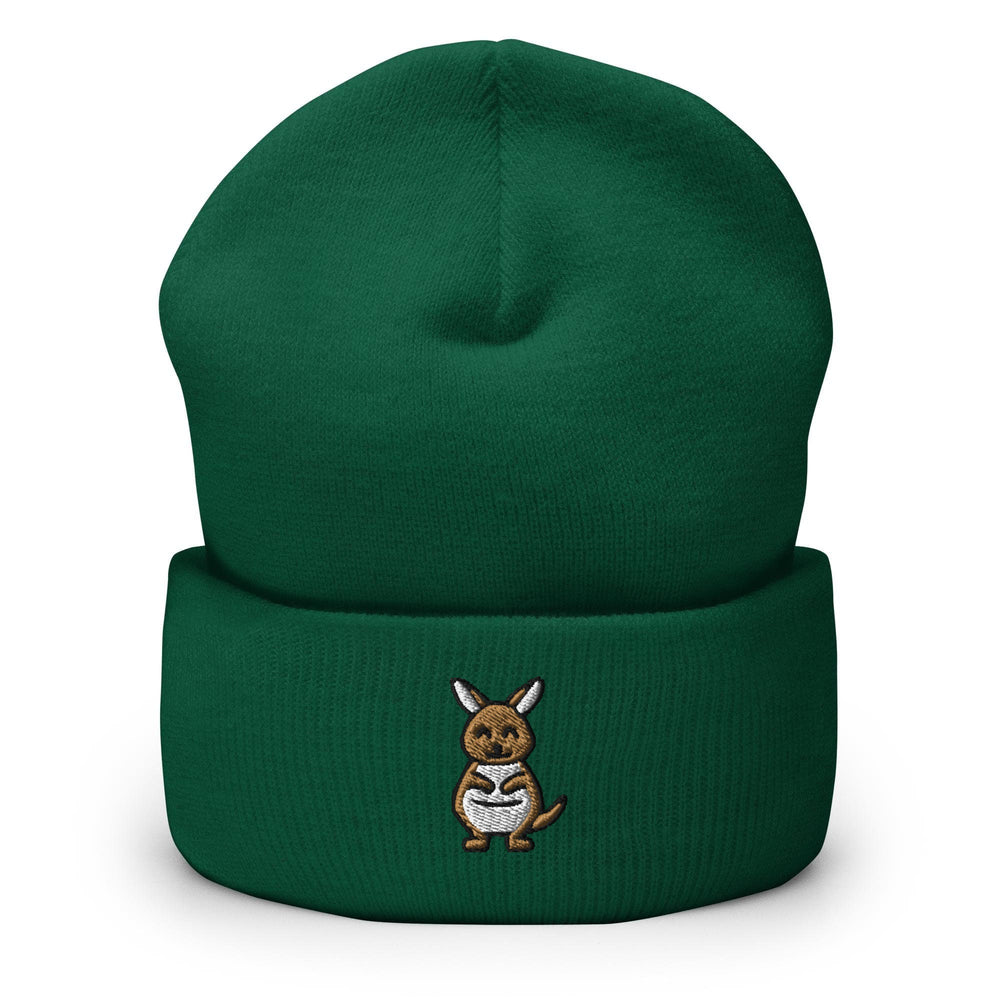 a green beanie with a kangaroo embroidered on it