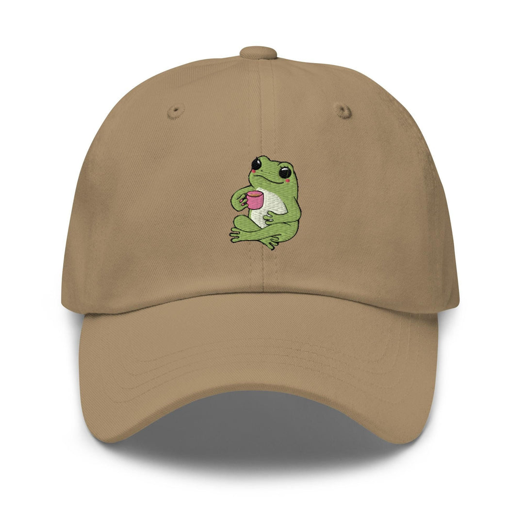 a tan hat with a frog embroidered on it
