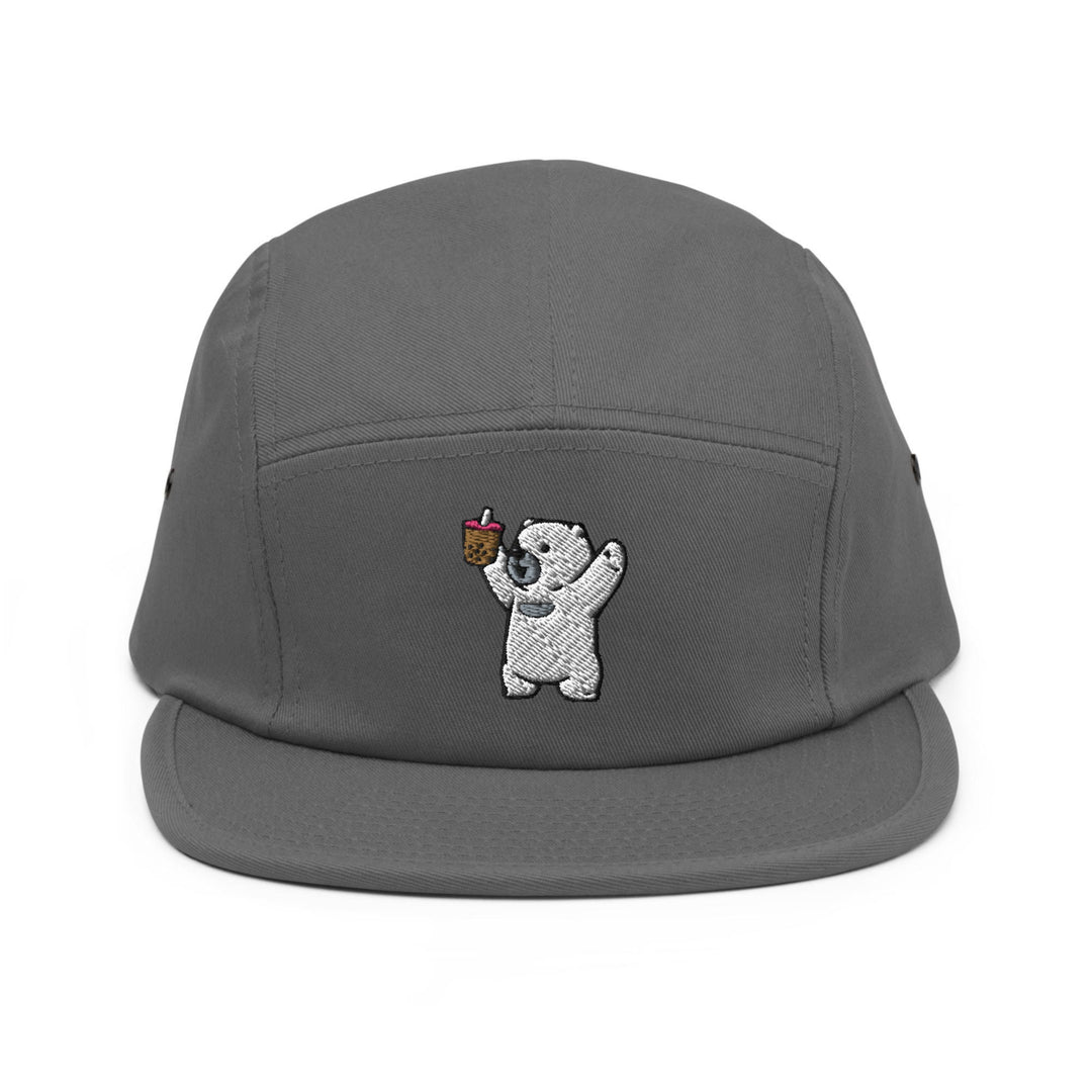 a grey hat with a bear holding a cupcake