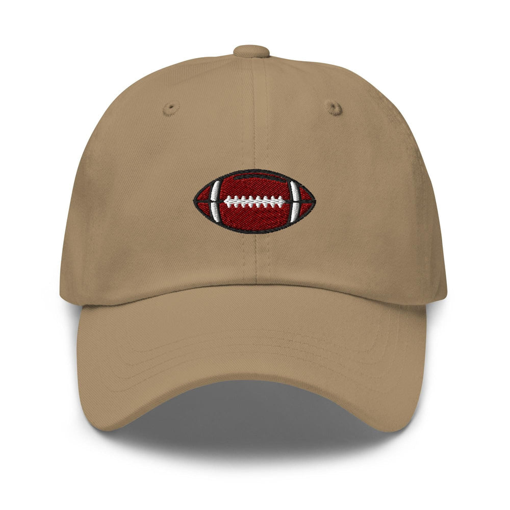 a tan hat with a football embroidered on it