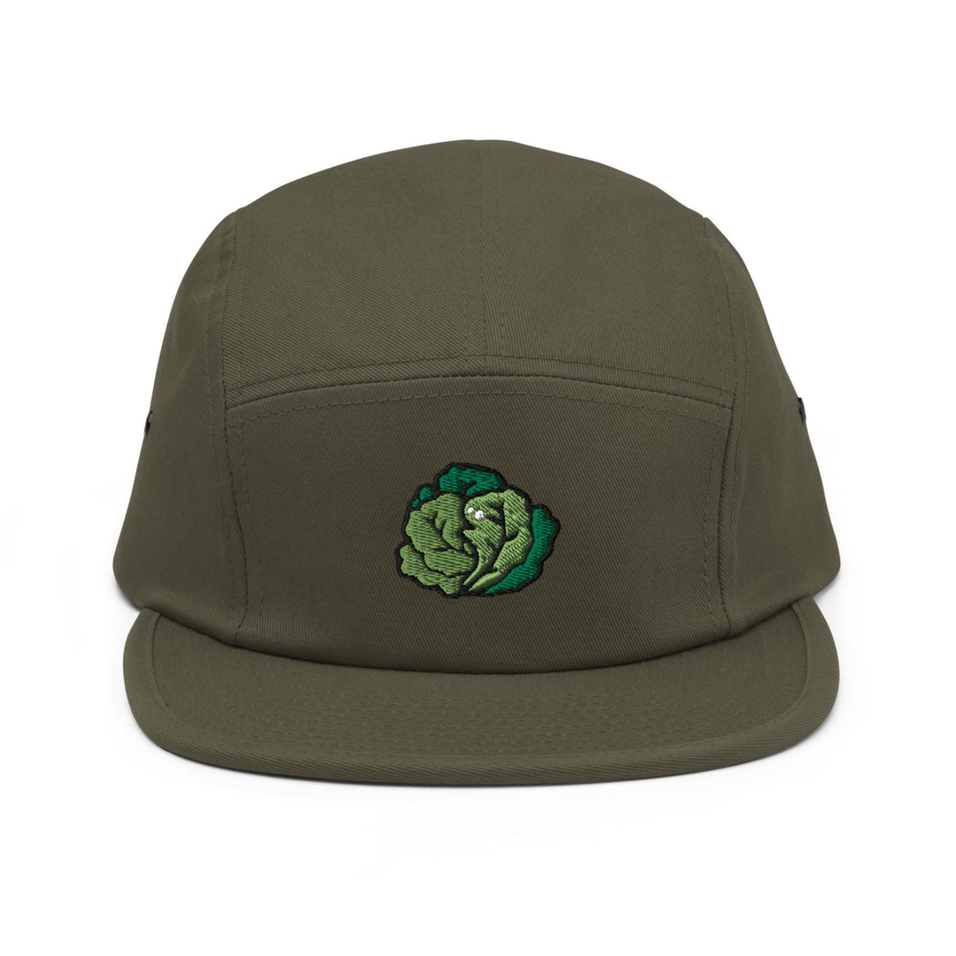 a green hat with a cabbage embroidered on it