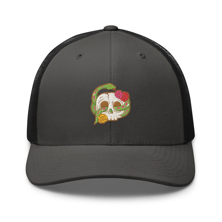 a gray trucker hat with a colorful skull on it