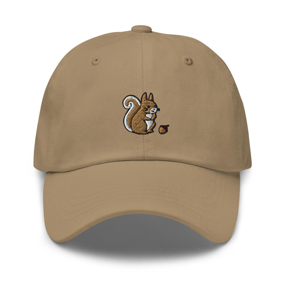 a tan cap with a squirrel eating an apple
