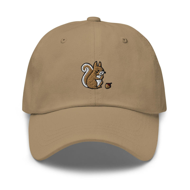 a tan cap with a squirrel eating an apple
