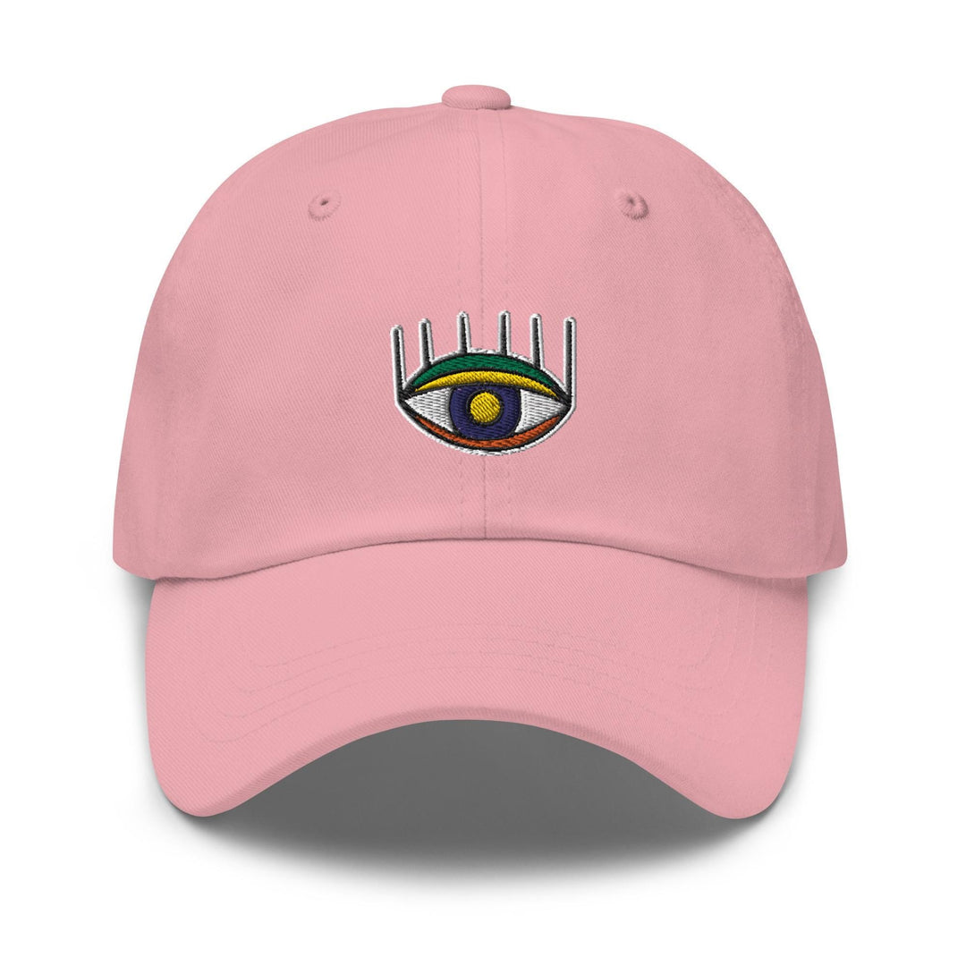 a pink hat with an eye on it