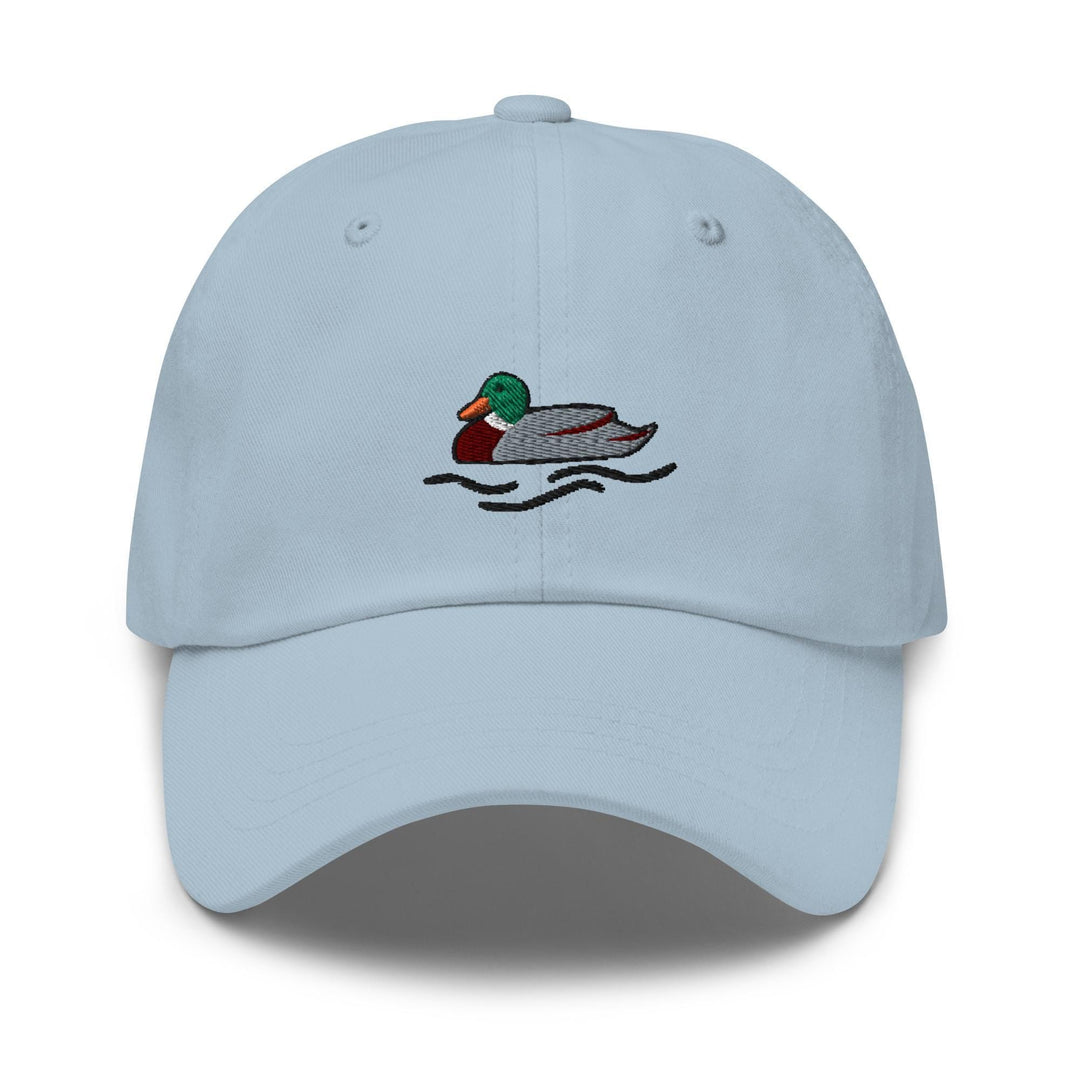 a light blue hat with a duck on it
