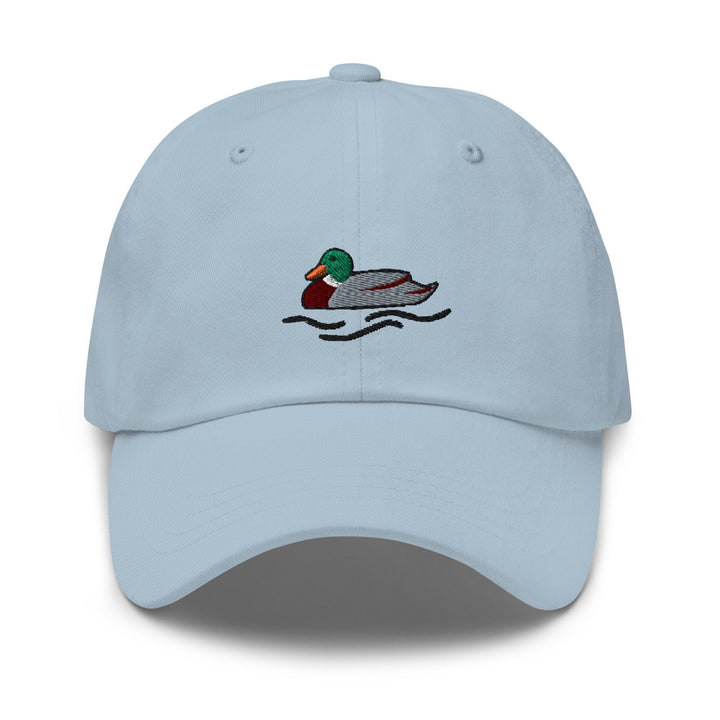 a light blue hat with a duck on it