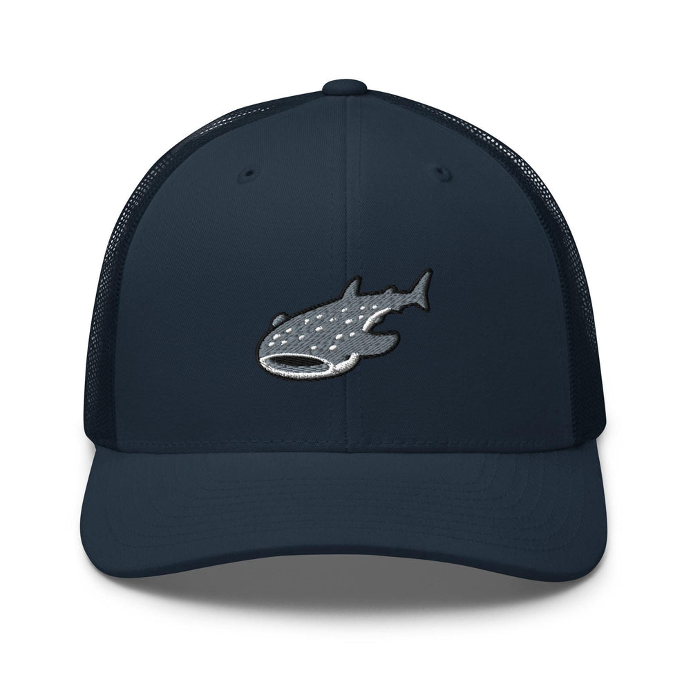 a blue hat with a fish on it