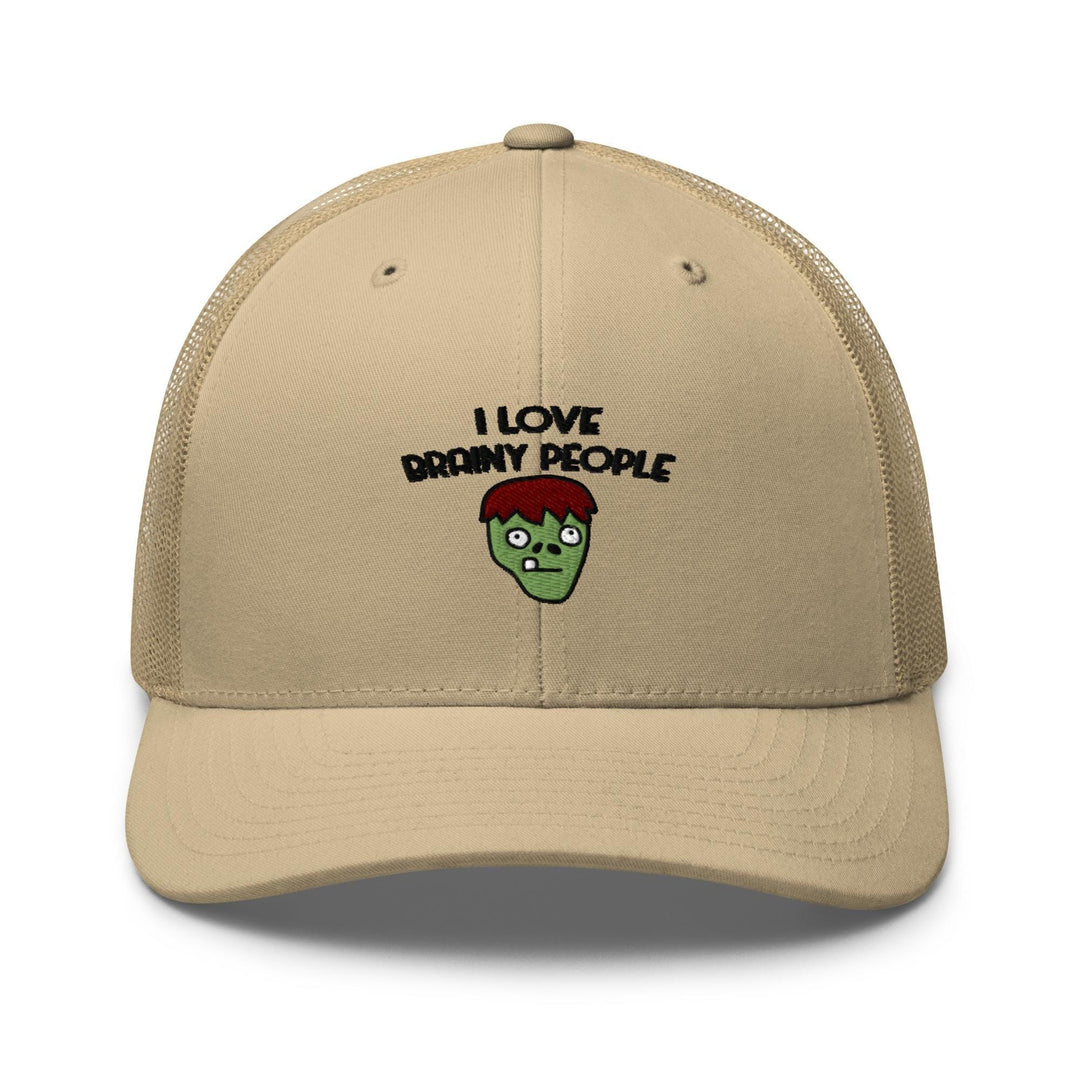 a beige trucker hat with a cartoon character on it