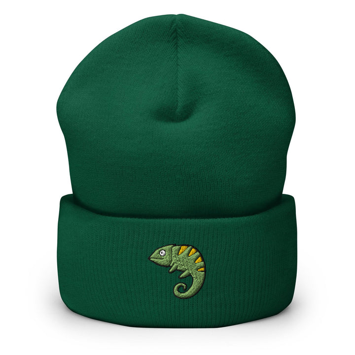 a green beanie with a chamelon embroidered on it