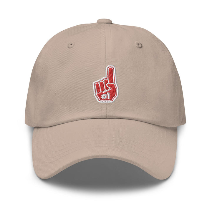 a beige hat with a red peace sign on it