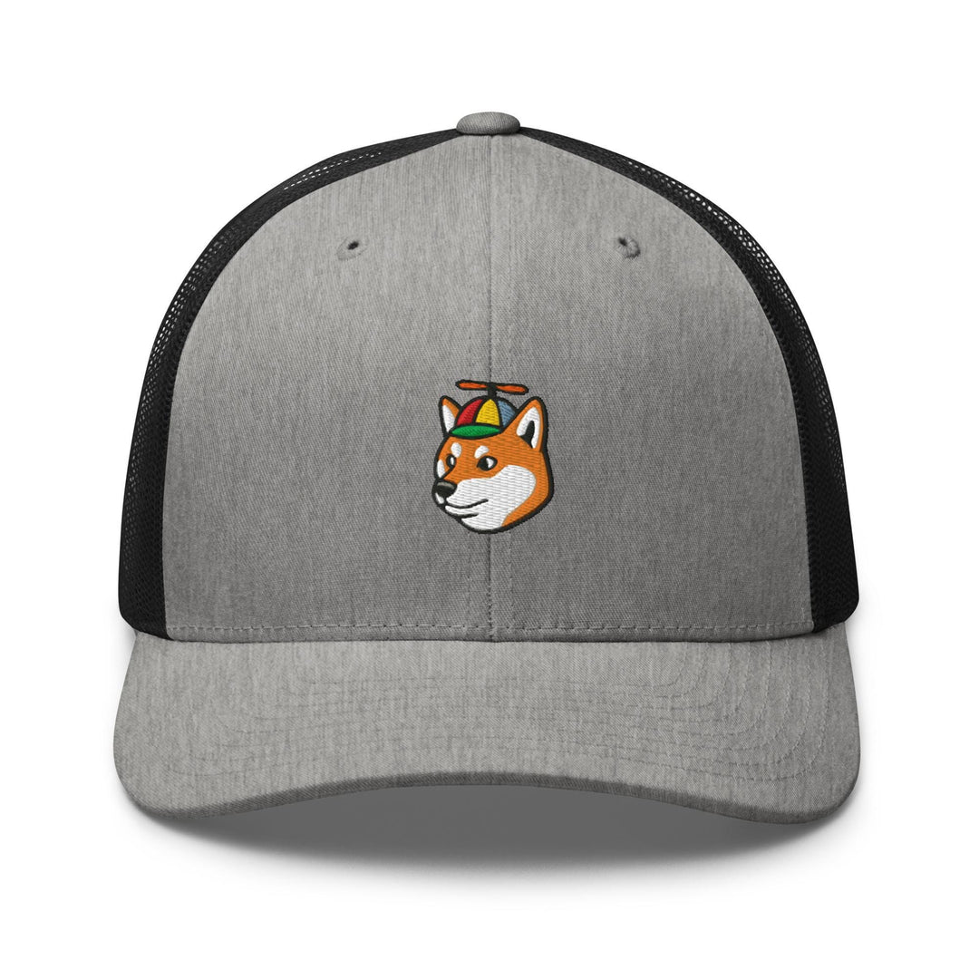 a gray and black hat with a red fox on it