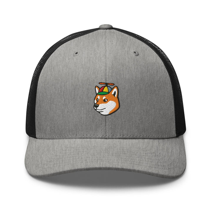 a gray and black hat with a red fox on it