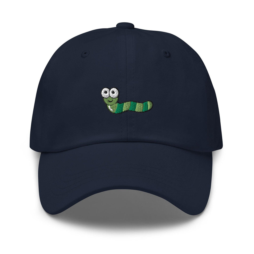a blue hat with a green caterpillar embroidered on it