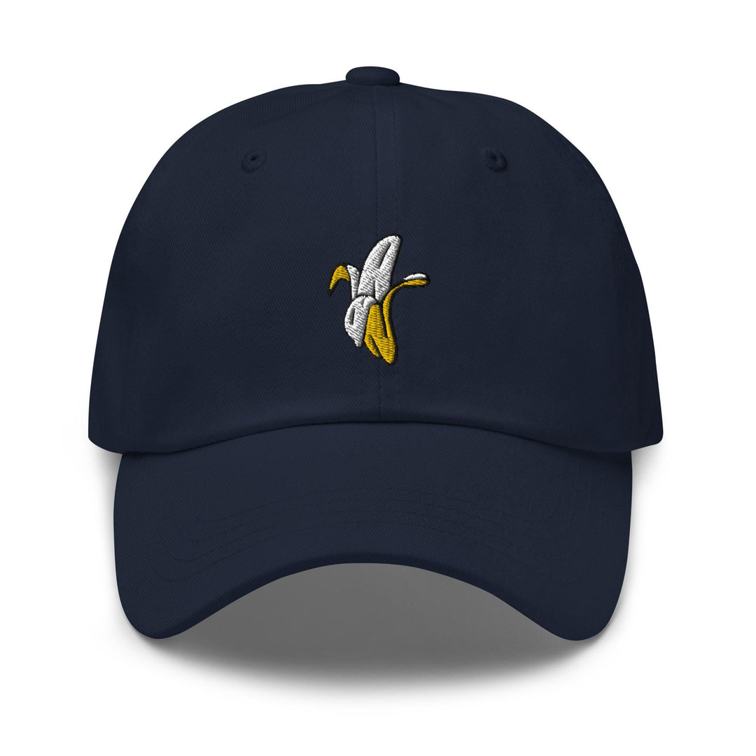 a baseball cap with a banana embroidered on it