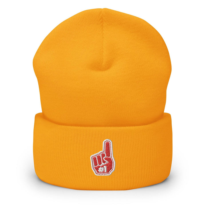 a yellow beanie hat with a thumbs up sign