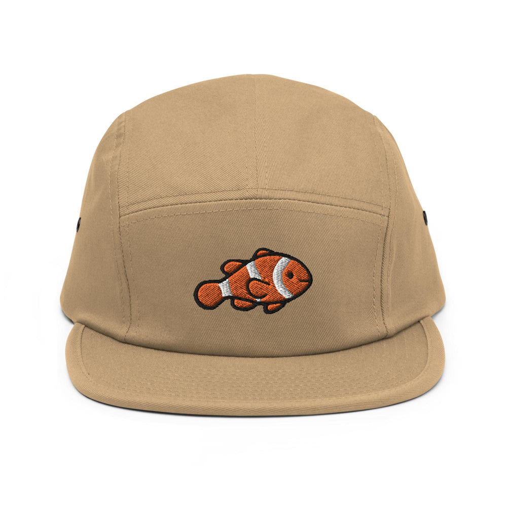 a brown hat with an orange clown fish embroidered on it
