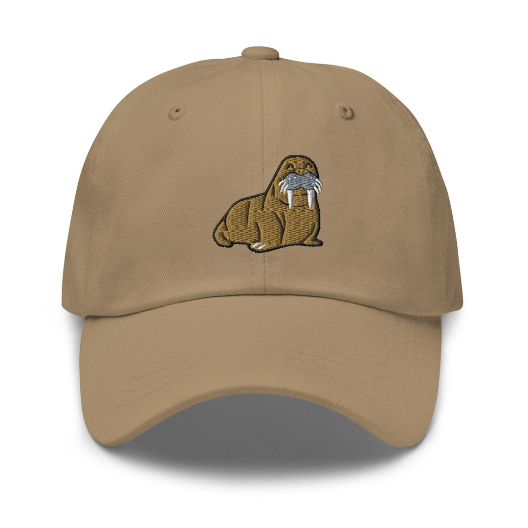 a tan hat with a bulldog embroidered on it