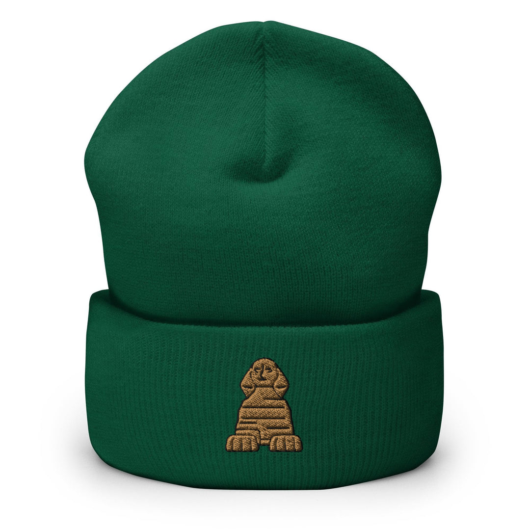 a green beanie with a brown dog on it