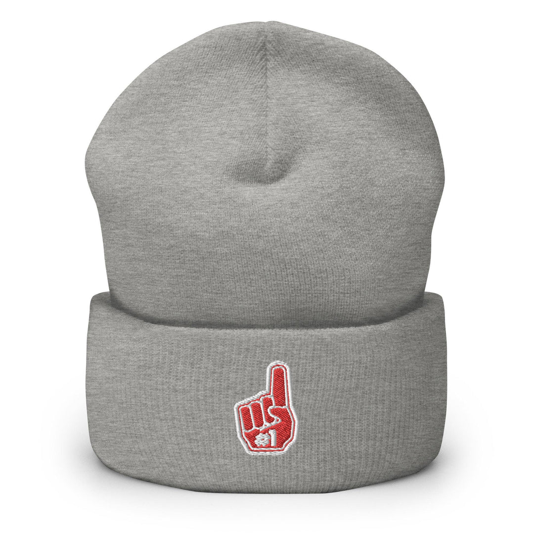 a grey beanie with a red logo on it