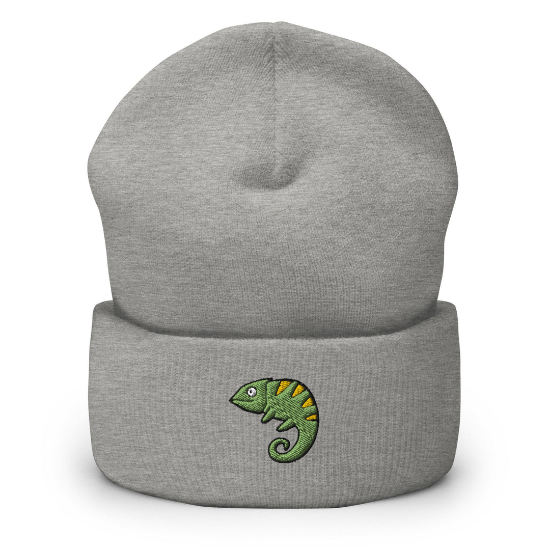 a gray beanie with a green chamelon embroidered on it