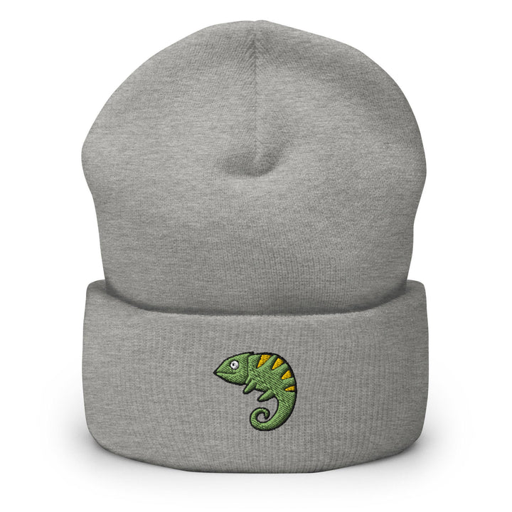 a gray beanie with a green chamelon embroidered on it