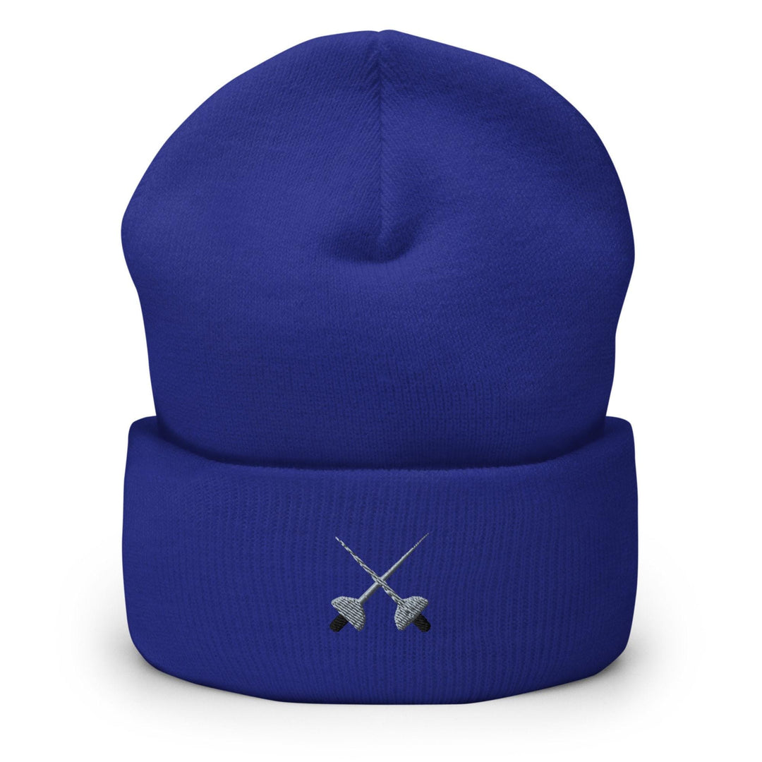 a blue beanie with two crossed swords on it
