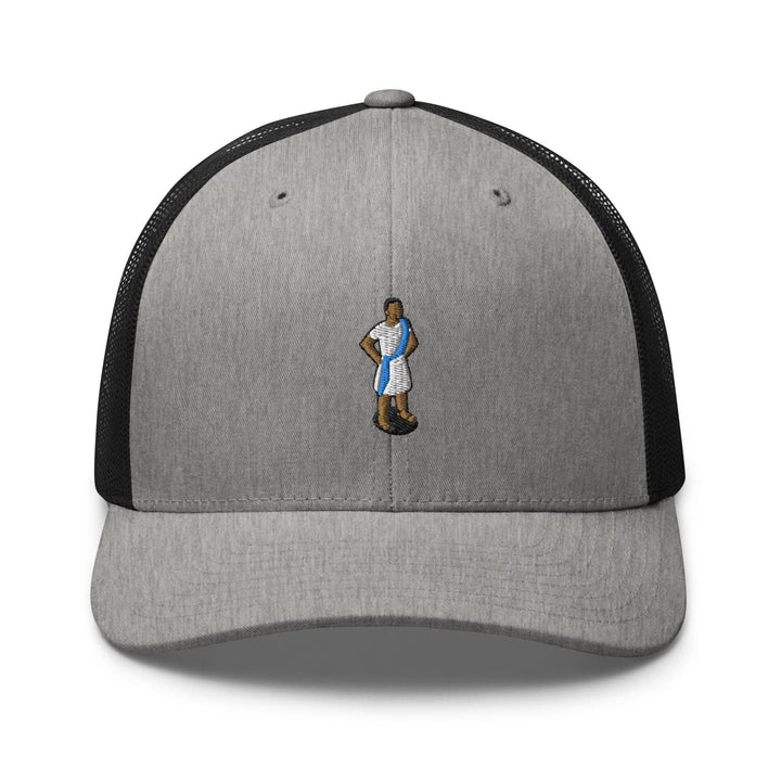 a gray and black hat with a picture of a basketball player