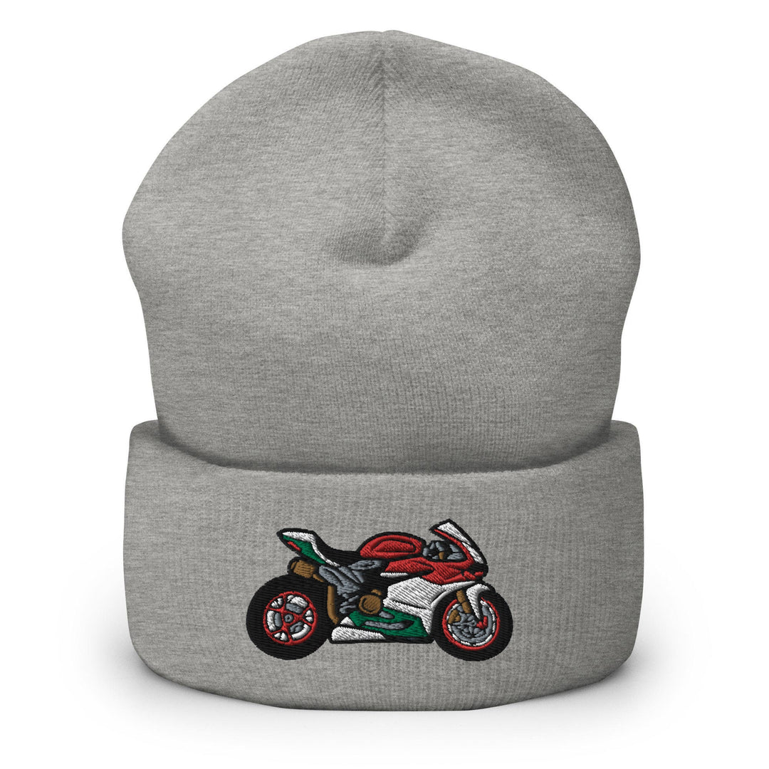 a grey beanie with a motorcycle embroidered on it