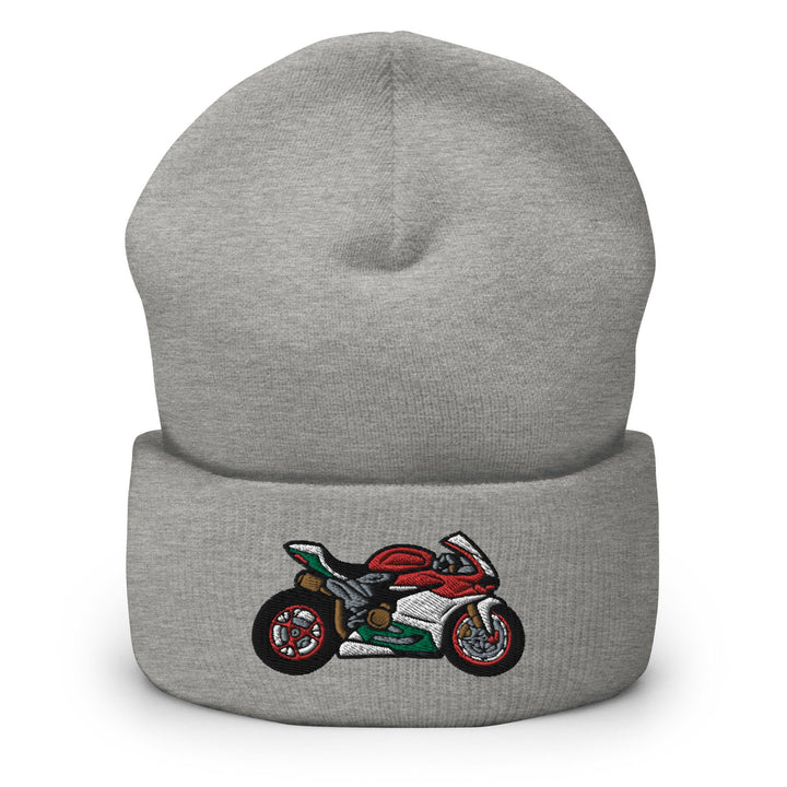 a grey beanie with a motorcycle embroidered on it