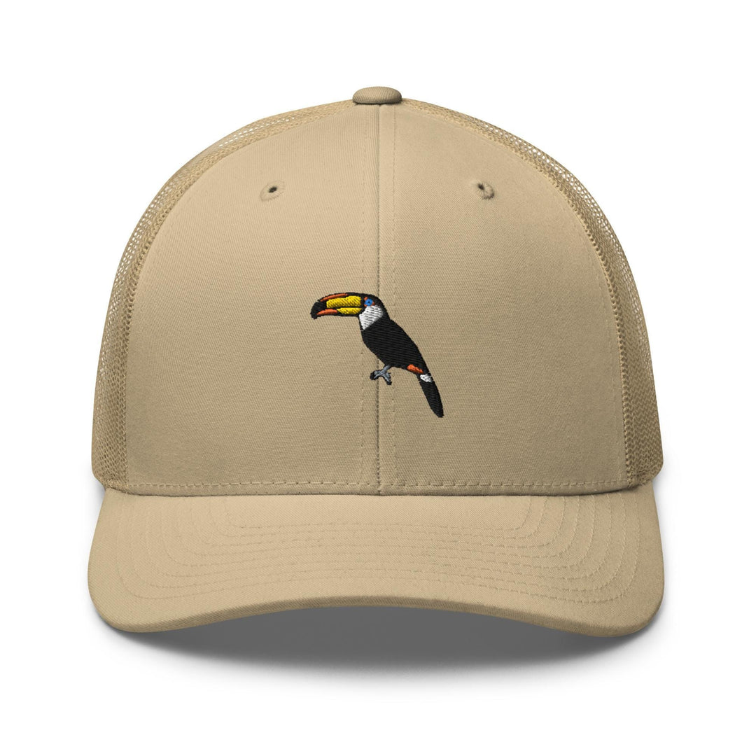 a tan trucker hat with a toucan bird on it