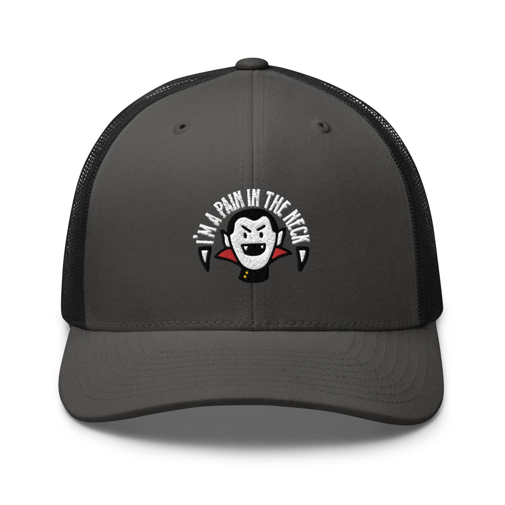 a gray and black trucker hat with a penguin on it