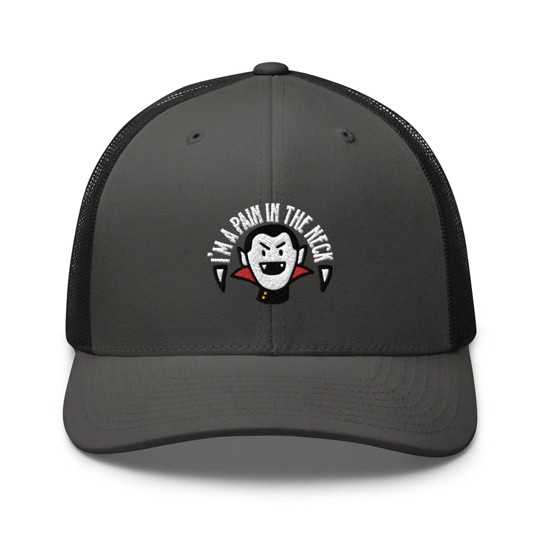 a gray and black trucker hat with a penguin on it