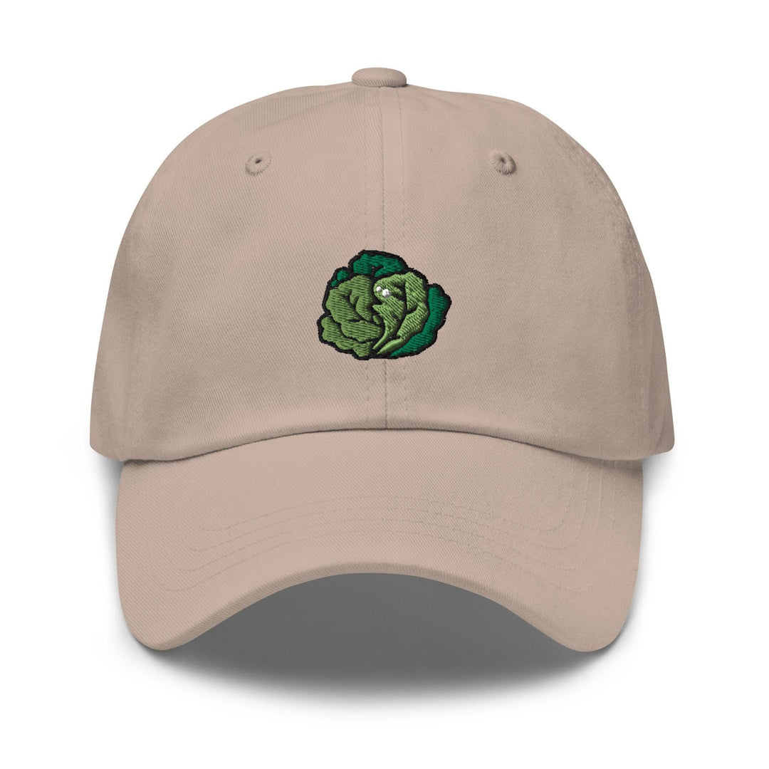 a tan hat with a green cabbage embroidered on it