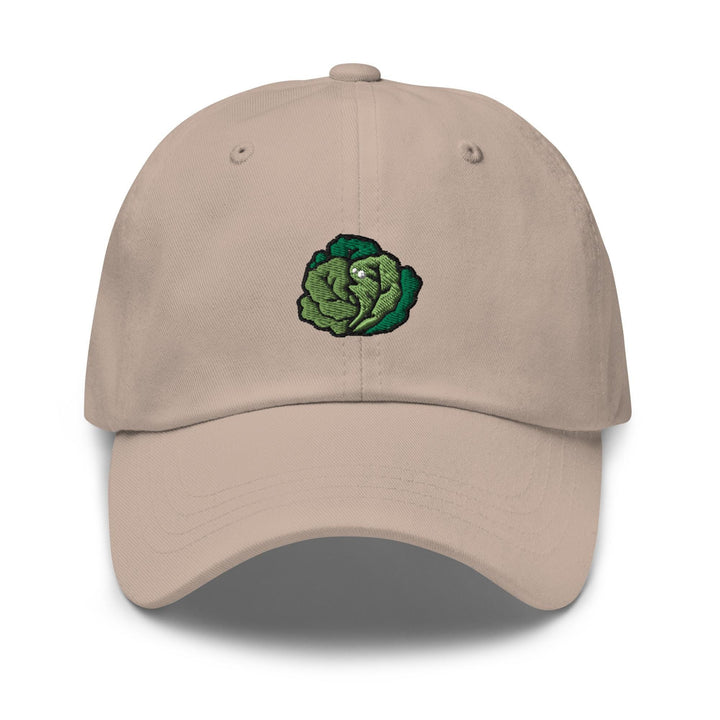 a tan hat with a green cabbage embroidered on it