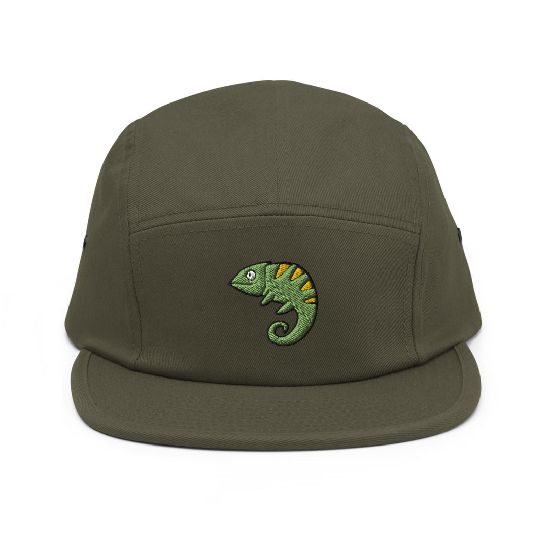 a green hat with a green chamelon embroidered on it