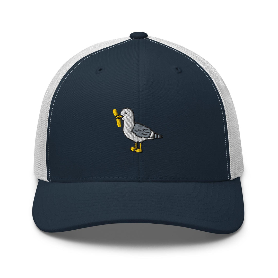 a blue and white trucker hat with a duck on it