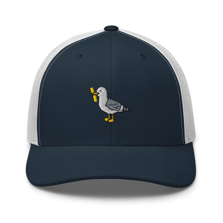 a blue and white trucker hat with a duck on it