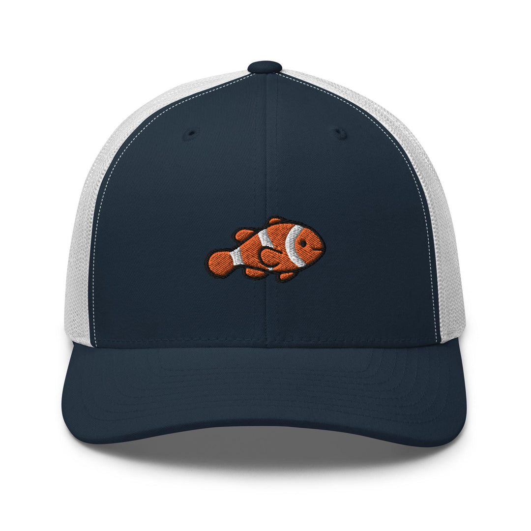 a blue and white trucker hat with an orange clown fish embroidered on the front