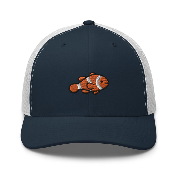 a blue and white trucker hat with an orange clown fish embroidered on the front