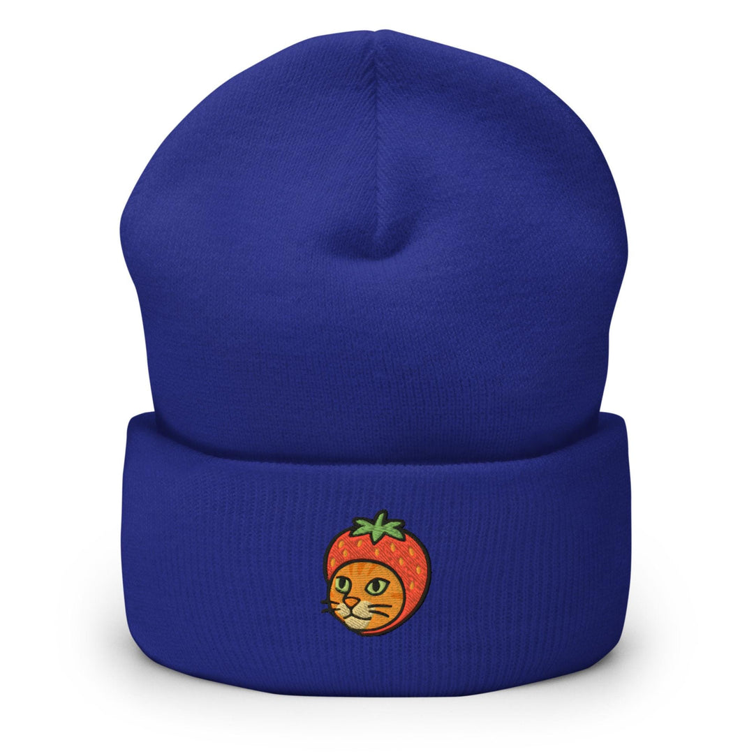 a blue beanie with a picture of a cat inside of it