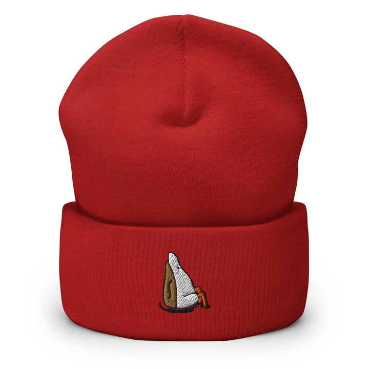 a red beanie with a picture of a banana on it