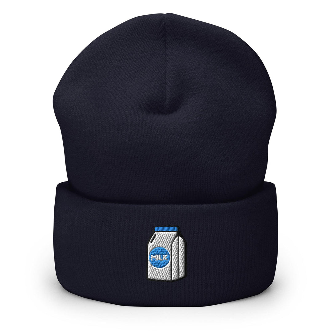 a blue beanie with a can of milk on it