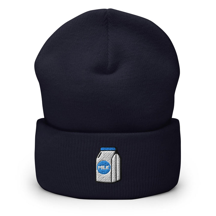 a blue beanie with a can of milk on it