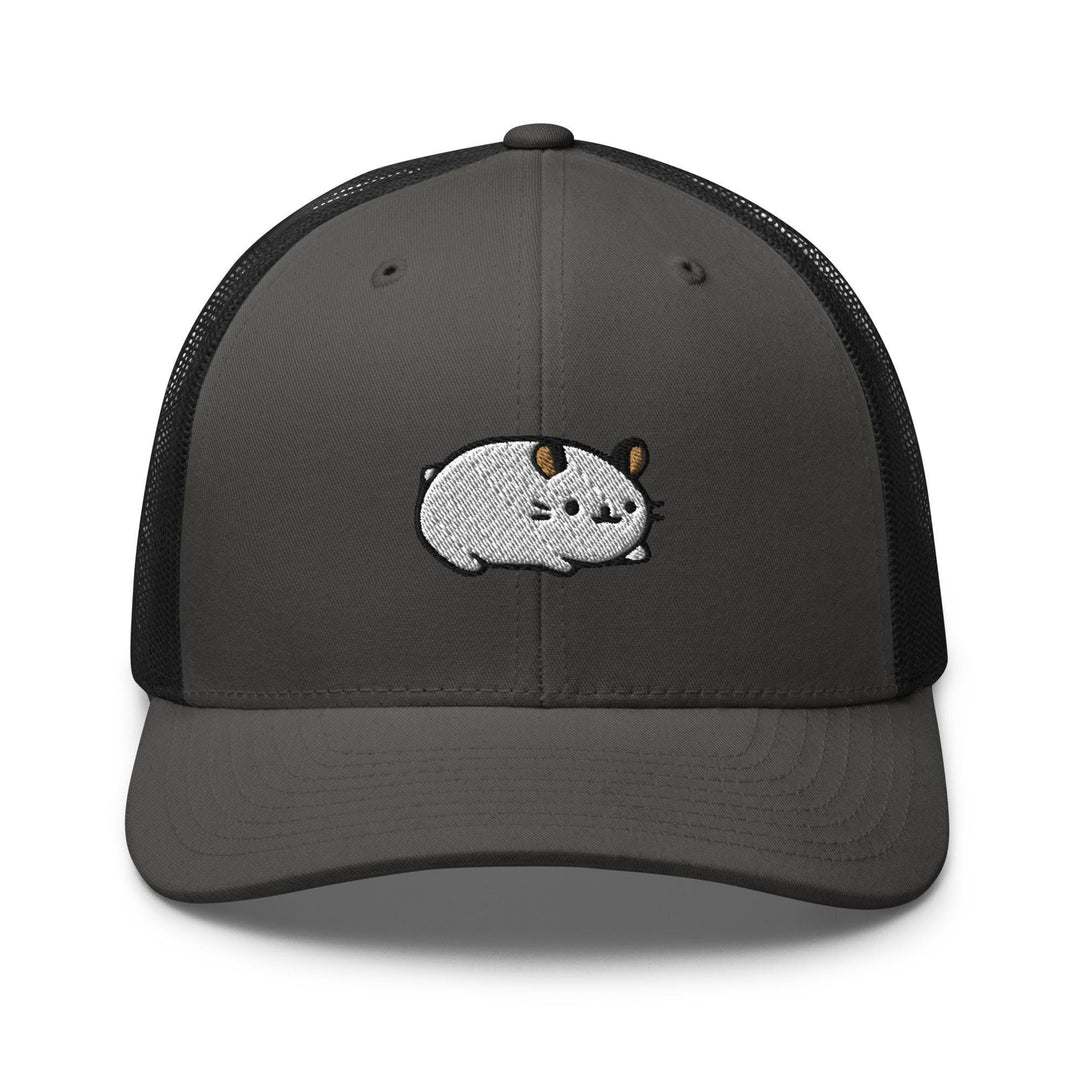a gray and black trucker hat with a cartoon animal on it
