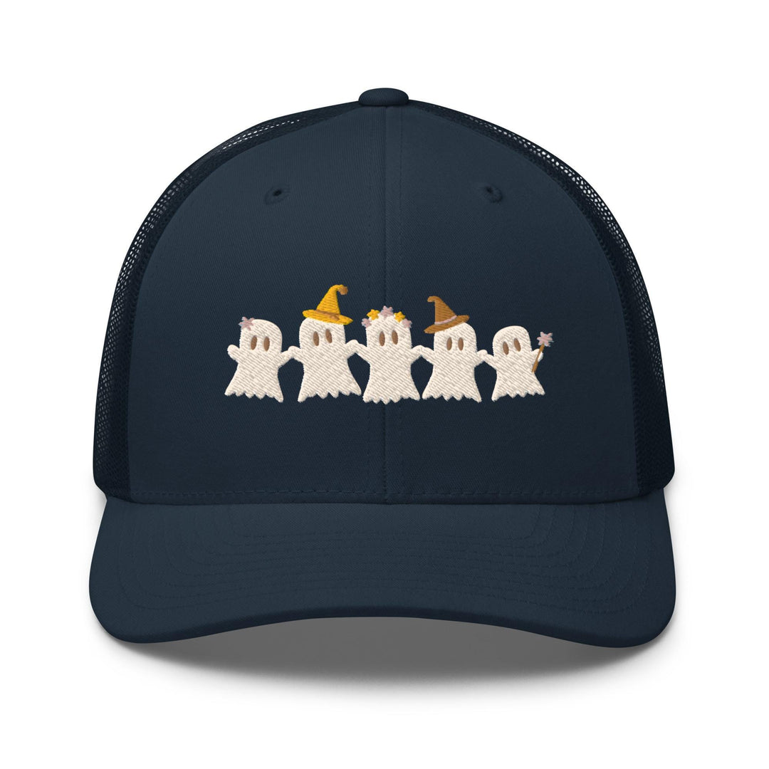 a blue trucker hat with a group of ghost on it