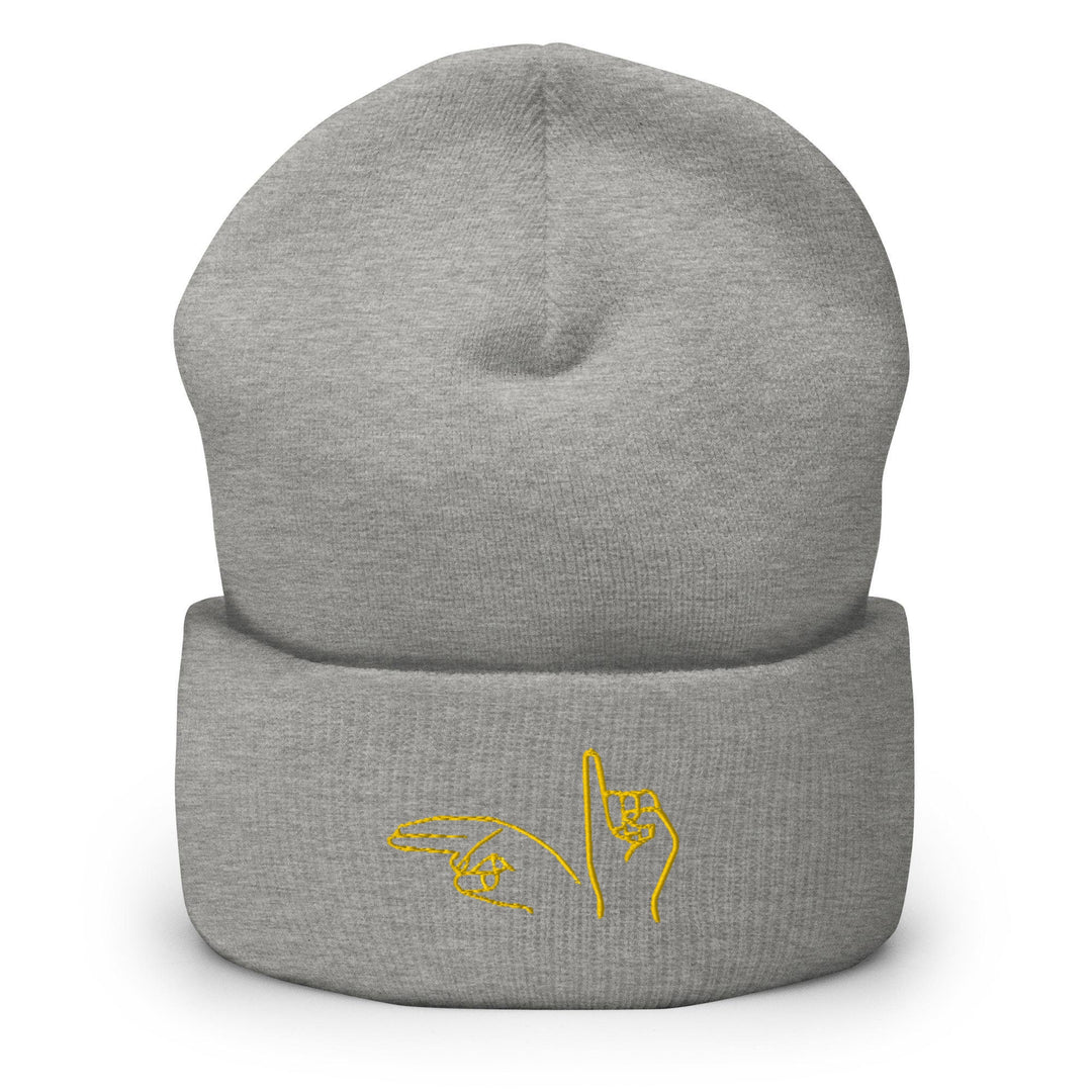 a grey beanie with a yellow bird on it