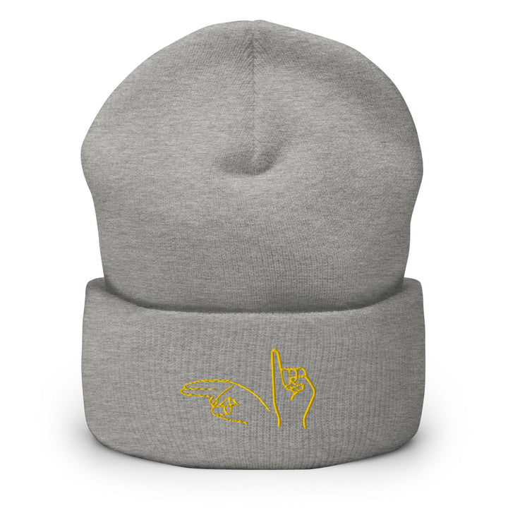 a grey beanie with a yellow bird on it