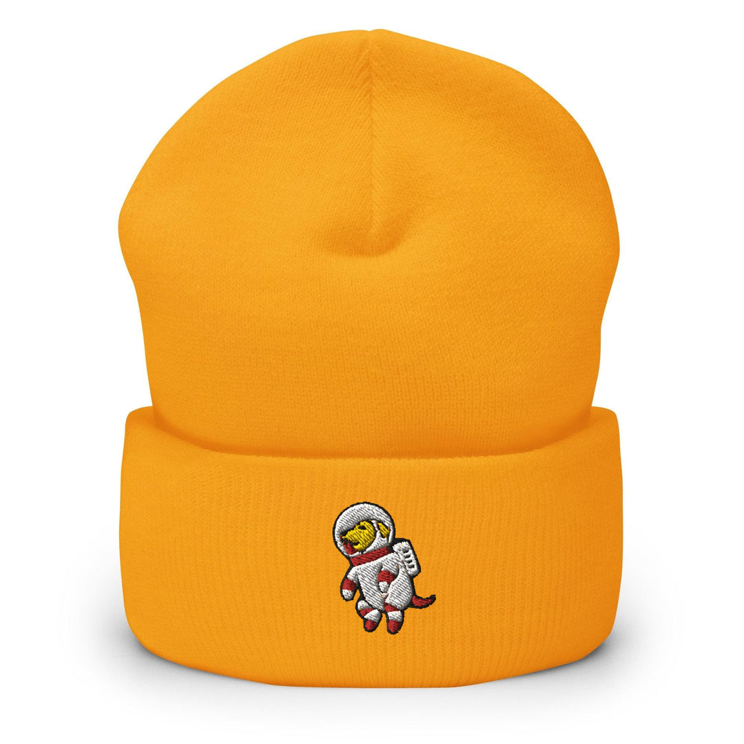 a yellow beanie with an astronaut on it